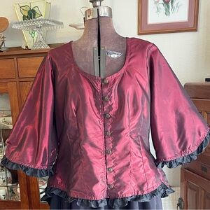 Historical Costume Burgundy Blouse 3/4 Sleeve Lace Detail XL